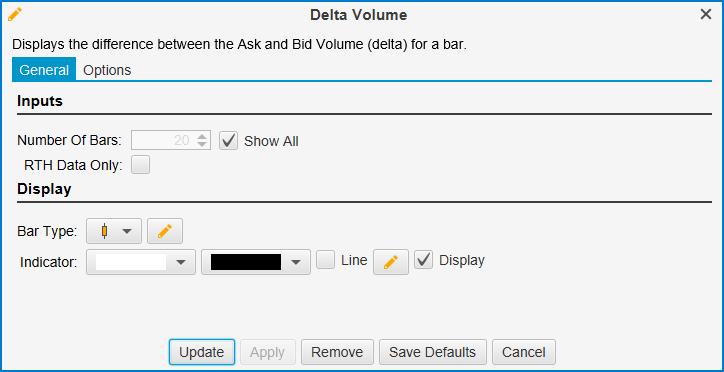 4 Delta Volume Delta volume (Study -> Volume Based -> Delta Volume from the top menu bar) displays the difference between the Ask and Bid Volume as a candle chart in a separate graph.