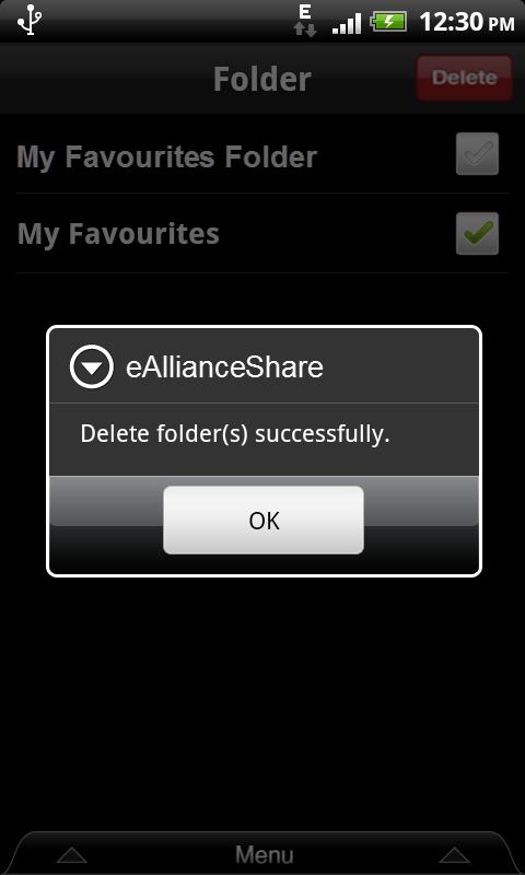 Figure 41. AIBB: Delete Favourites folder confirmation and successfully deleted folder message 15. Tap YES to confirm the deletion.