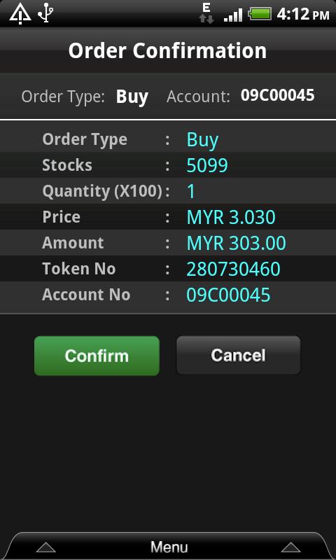Figure 46. AIBB: Trading Password entry screen 5. Enter your Trading Password in the Trading Password box. 6. Tap OK. An Order Confirmation screen will be displayed.