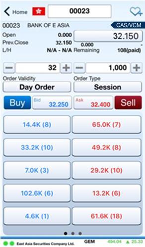 7. Trading You can place orders in the Trading page in 3 simple steps (Figure 7.1). Step 1: Enter order details. Stock code (e.g. 23) Order price (e.g. $32) Order quantity (e.g. 1000) Add to watchlist button This button will turn blue when stocks are added to the watchlist.