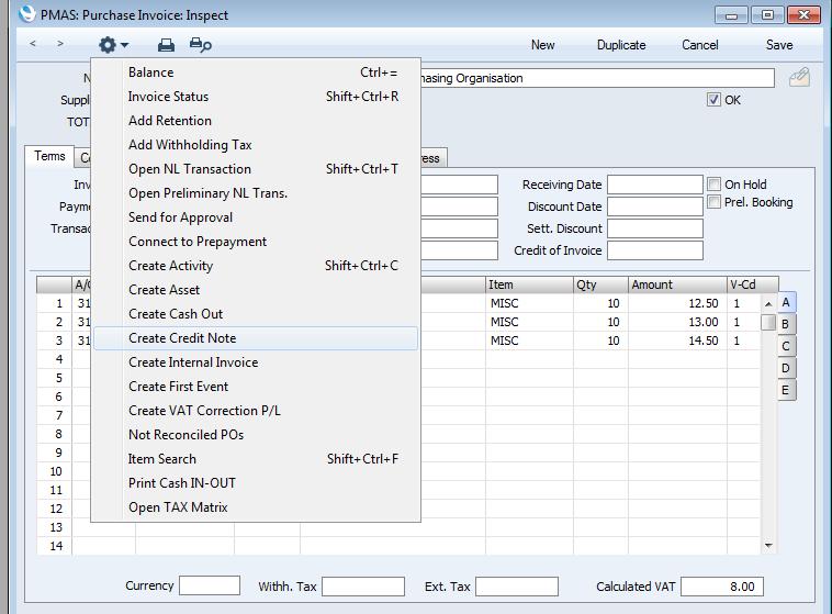 Operations > Create Credit Note. This creates a new Credit note record that is a complete credit of the invoice. Notice that the Pay terms will have changed to CN and the OK box is now un-ticked.