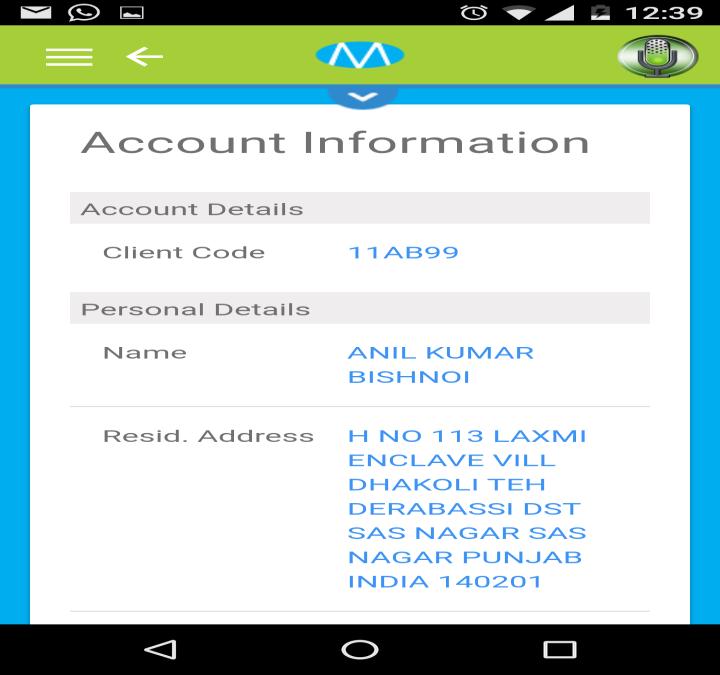 This screen shows detail information about account holder like