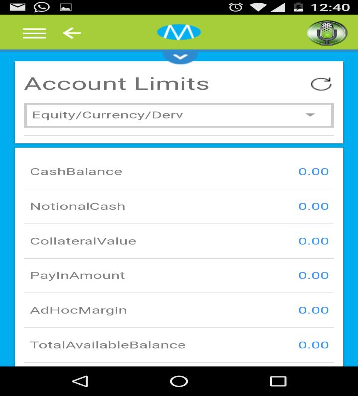 17 Accounts Limits : This screens indicates account limits for various segments like Equity,Currency,Derv.