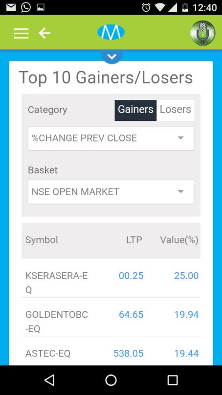 22 Top 10 : From the side menu, the user can select the Gainers/Losers option to view the Top 10 Gainers/ Losers.
