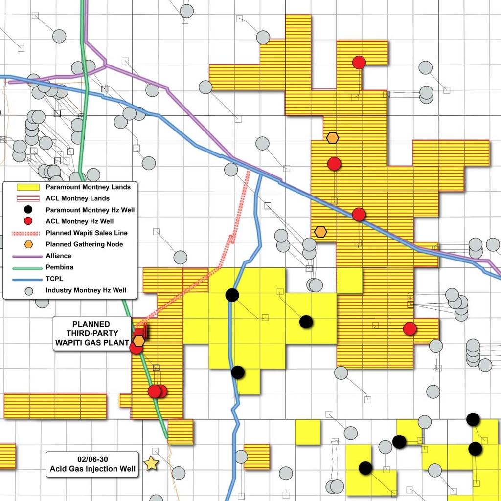 Wapiti Montney Project (1) 50 MMcf/d Mid-2019 to 150 MMcf/d in 2021 Project Overview: Primary target is the Upper Montney with approximately 75 Bcf DPIIP per section of liquids-rich over-pressured