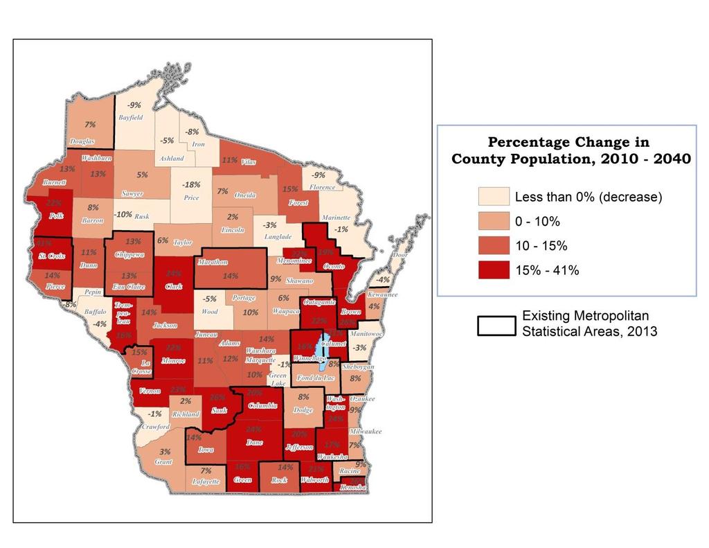 County Projections, 2010-2040 Across the full 30-year period of these projections, it is predicted that 57 of Wisconsin s 72 counties will have a population at 2040 that is higher than it was at 2010.