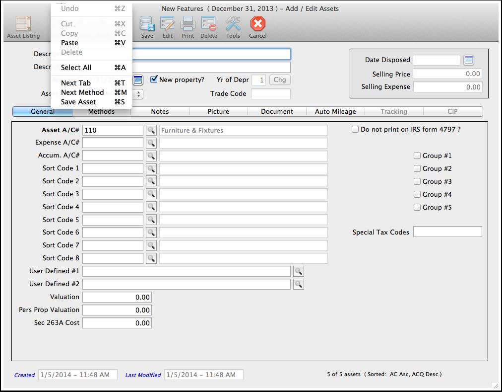 Hot keys The initial release of Asset Keeper Pro did not include this feature; however, you can use the following keys to advance from tab to tab, or method to method, or save the assets.