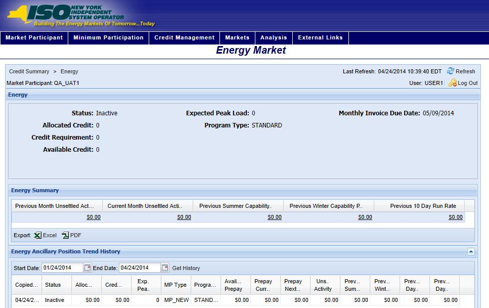 The system displays the Energy Previous Capability Period Run Rate page.
