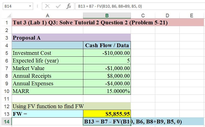 Question 3. Solve Tutorial 2, Question 2 Using FV function Determine the FW of the following engineering project when the MARR is 15% per year. Is the project acceptable?