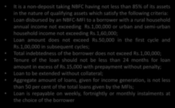 Types of NBFC Micro Finance Institutions It is a non-deposit taking NBFC having not less than 85% of its assets in the nature of qualifying assets which satisfy the following criteria: Loan disbursed