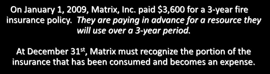 Prepaid Expenses On January 1, 2009, Matrix, Inc. paid $3,600 for a 3-year fire insurance policy. They are paying in advance for a resource they will use over a 3-year period.