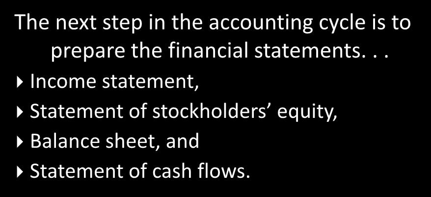 Preparing Financial Statements The next step in the accounting cycle is to prepare the financial statements.