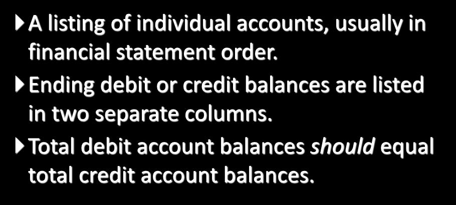 Unadjusted Trial Balance A listing of individual accounts,