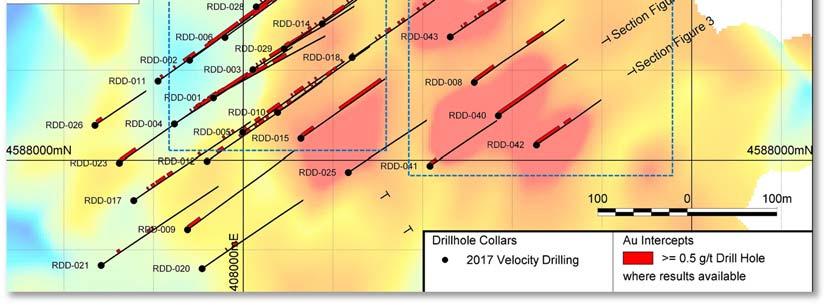 7m grading 1.52g/t gold. Highlights include drill hole RDD 042, drilled 50m to the southeast, which intersected 49.6m grading 0.88g/t gold from surface.