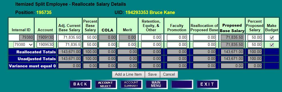 SET SALARY & POSITION BUDGET REALLOCATE SALARY TO MULTIPLE FUNDING SOURCES REALLOCATE SALARY DETAILS SCREEN 1) Click on Add a Line Item to open a new row.