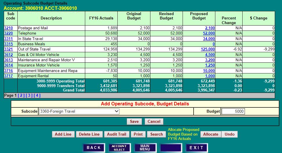 SETTING BUDGETS FOR OTHER SALARIES & WAGES, REVENUE & OPERATING OPERATING EXPENSE BUDGET ADJUSTMENTS OPERATING SUBCODE BUDGET DETAILS SCREEN 1) Select a Subcode from the drop-down