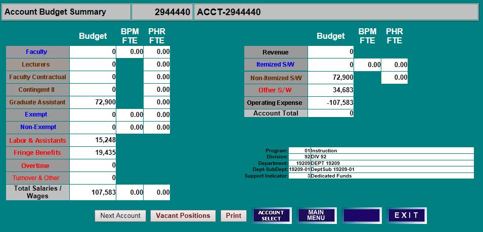 SETTING BUDGETS EDUCATIONAL AND GENERAL (E&G) - DESIGNATED ACCOUNTS (BEGIN WITH 294 OR 295) ACCOUNT BUDGET SUMMARY SCREEN 1) E&G-Designated accounts are budgeted using the same BPM WB functionality