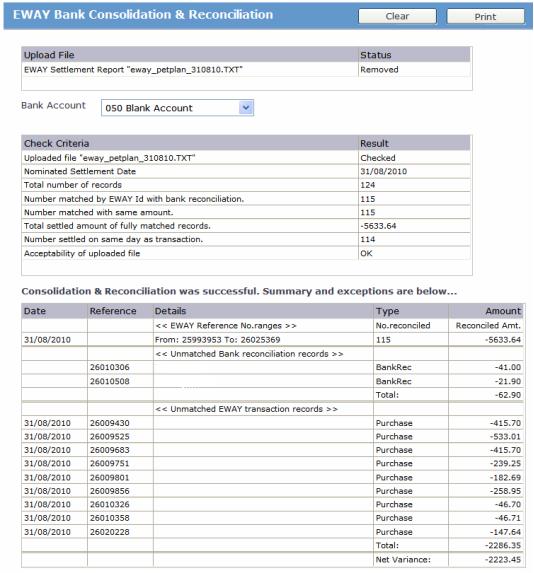 Phase 3: Consolidation. Click the Consolidate link to complete the consolidation of settled transactions into a summary balance in the Bank Reconciliation table.