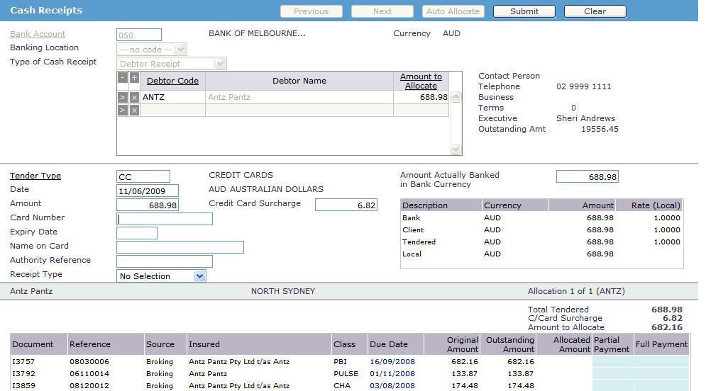Credit Card Charges The system can cater for additional bank charges associated with credit card payments and overseas currencies if required. When the Tender Type selected is a credit card type e.g. CC or AMEX then a field appears for the Credit Card Surcharge fee (see screen shot below).