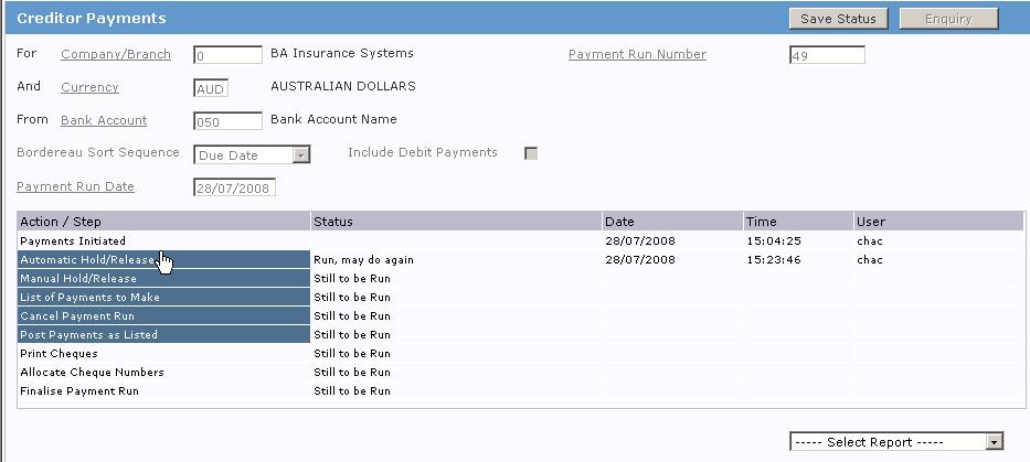This will then return to the Creditor Payment Run Screen as shown below. Status is updated to reflect the steps that have been run, and shows which can be run again, if necessary.
