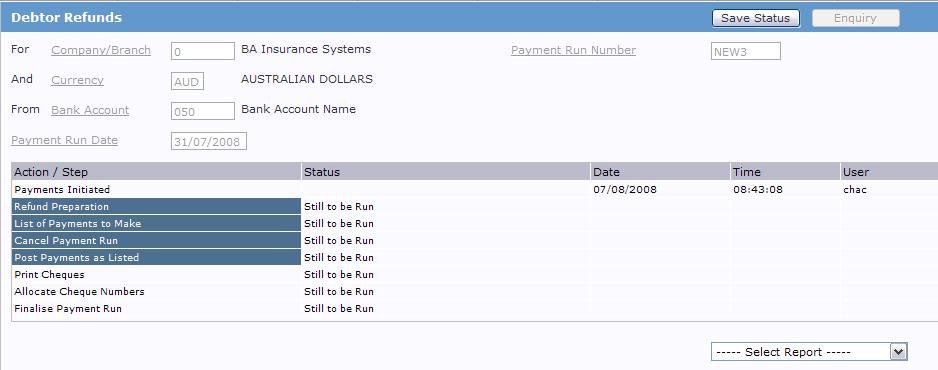When the Payment Run Date is entered the following details are displayed: Each step is Date and Time stamped and you can see the progress of the run at a glance at any time.