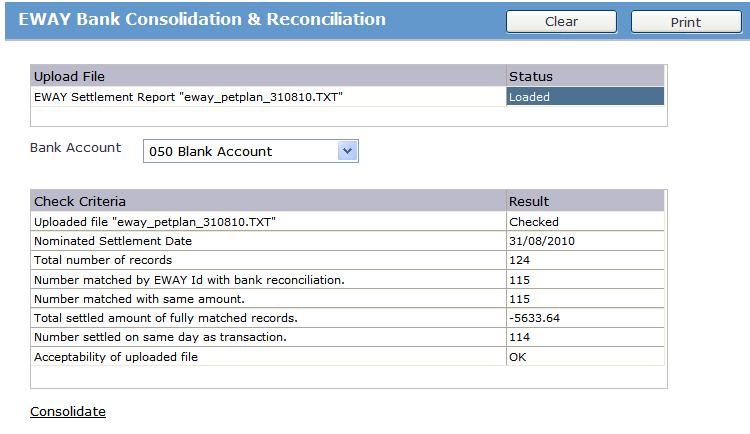 Click the Check File link and the uploaded file will be checked against the Bank Reconciliation table (which is automatically maintained by the ibais system).