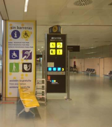 waiting lounges with adapted benches in Ibiza Airport, incorporating reserved seating at PMR meeting points and frequently used spaces at the airport of Valencia, benches and PMR waiting signaling