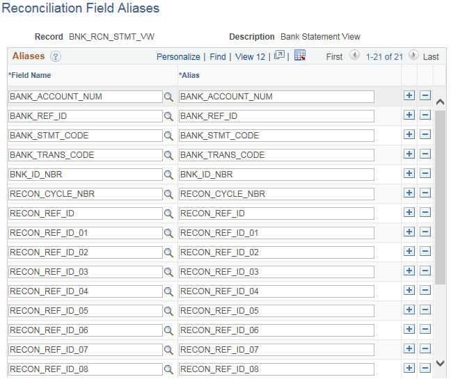 Configuring Bank Reconciliation Chapter 11 Navigation Banking, Administer Reconciliation, Reconciliation Field Aliases Image: Reconciliation Field Aliases page This example illustrates the fields and