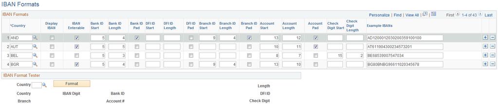 Setting Up Banks Chapter 2 Navigation Banking, Banks and Branches, IBAN Formats Image: IBAN Formats page This example illustrates the fields and controls on the IBAN Formats page.