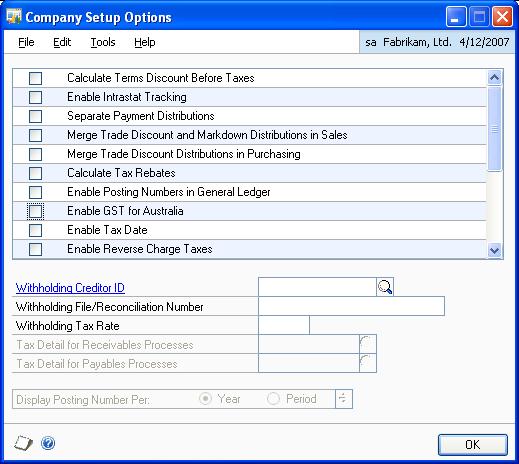 PART 1 SETUP Setting up company options for GST features You must select the Enable GST for Australia option in the Company Setup Options window to make the Australian tax features available.