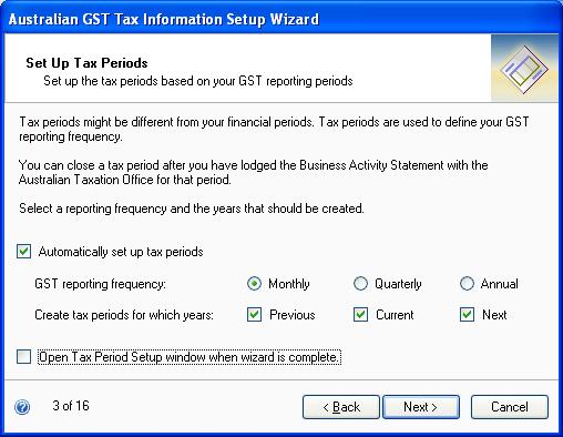 Choose Next to open the Set Up Tax Periods window, where you can enter tax period and reporting frequency information.