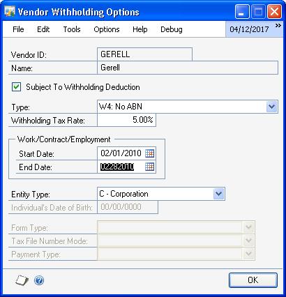 PART 1 SETUP To set up creditor withholding options: 1. Open the Creditor Withholding Options window. (Cards >> Purchasing >> Creditor >> Withholding button) 2.