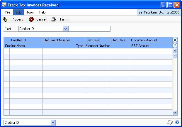 PART 2 PROCEDURES To update posted transactions with received tax invoices: 1. Open the Track Tax Invoices Received window.