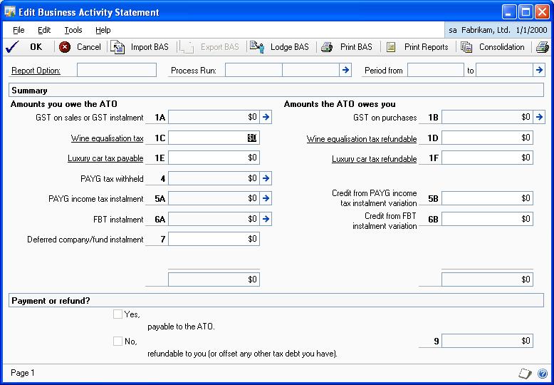 CHAPTER 7 BUSINESS ACTIVITY STATEMENTS To modify a BAS process run: 1. Open the Edit Business Activity Statement window.