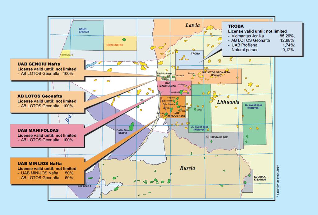 AB LOTOS Geonafta Group In Q1 2014, Lithuanian companies AB LOTOS Geonafta and UAB Genciu Nafta were engaged in production of crude oil from the Girkaliai, Kretinga, Nausodis and Genciu on-shore