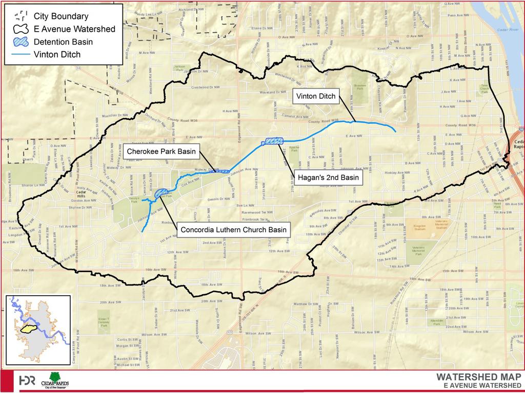 City of Cedar Rapids E Avenue Watershed Drainage Study Figure 1: Vinton Ditch Location and Layout Flooding on Vinton Ditch During the June 2014 rainfall event, an average of 4.