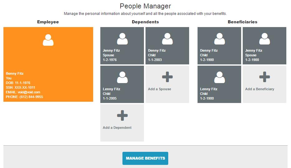 People Manger: This is where your Personal, Spouse/Dependent, and Beneficiary information is stored. Click on the various buttons to update and/or add spouse/dependent information.