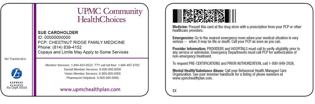 Figure III: Typical Community HealthChoices Member ID (when UPMC Health Plan is the Medicaid and Medicare provider) The card shown below is a sample of an identification (ID) card for a typical UPMC