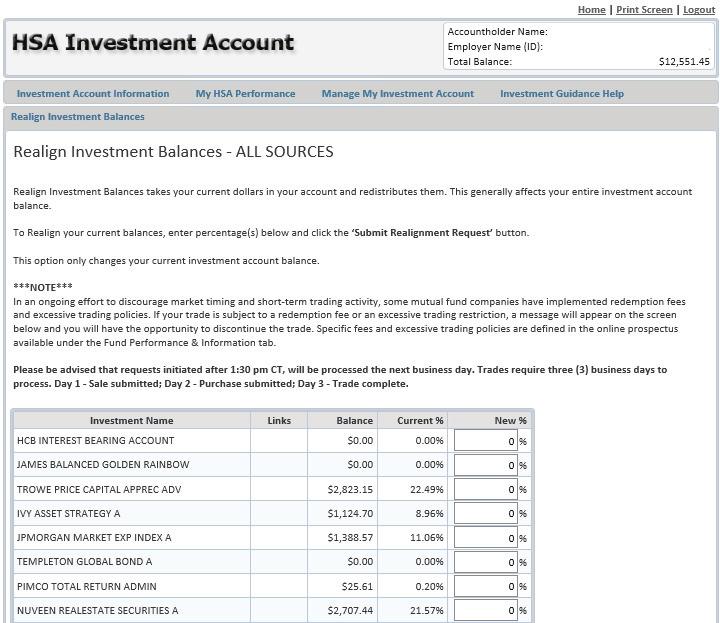 Manage My Investment Account (Realign Investment Balances) Realign Investment Balances: This option redistributes your investment account holdings based on the new funds and percentages you select.