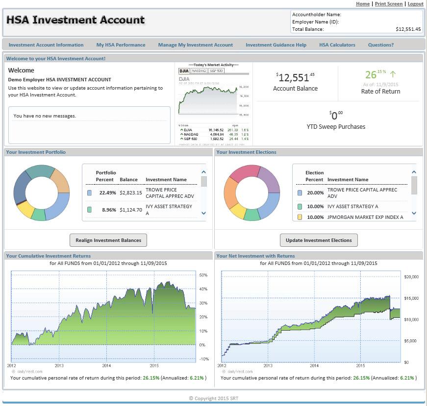 Investment Portal Home Page Click on the Manage Investments button, and after answering a security question you will be taken to the HSA Investment Account page.