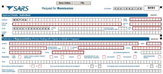 2.4. SUBMIT THE REQUEST FOR REMISSION After completion of the RFR1 form, the taxpayer can select one of two options: w Select File to submit the RFR1 form to SARS w Select Save Online to save the