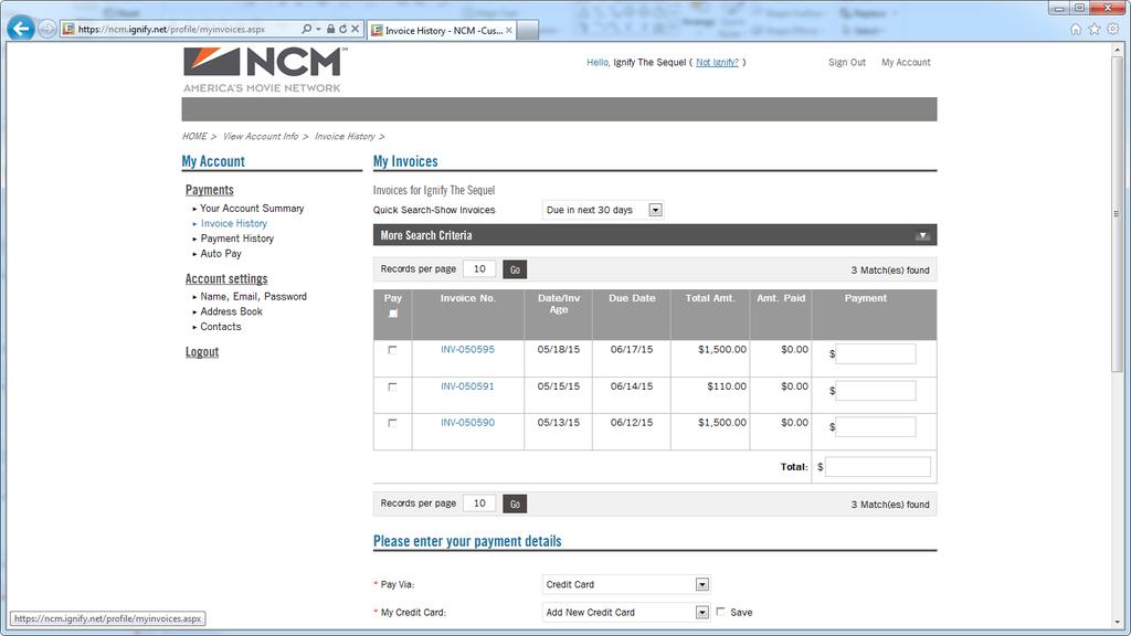 Invoice History This section will provide you the invoices on your account that have been paid and unpaid. You can view and print invoices by clicking on an invoice number.