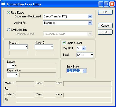 The Transaction Levy Entry window for entering new transaction levies 1. Select Real Estate to process real estate levies and to enable the Document Registered and Acting For boxes.