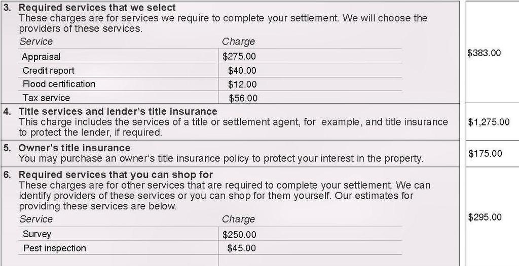 Your Charges for All Other Settlement Services, Blocks 3 through 11 In addition to the charges to originate your loan, there are other charges for services that will be required to get your mortgage.