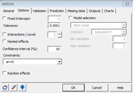 OPTIONS TAB Activate the Fixed Intercept: option to set the regression constant to a fixed value (default 0). The Tolerance: option (default 0.