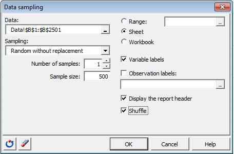 Select the data in the Excel worksheet, choose the sampling method, and enter the sample size to be generated.
