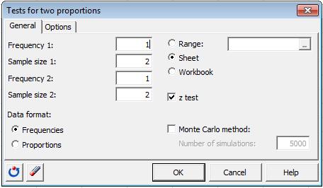 OPTIONS TAB Choose the Alternative hypothesis: to be used for the test. Enter the value of the supposed difference between the proportions of the sample in the Hypothesized ratio (D ): option.