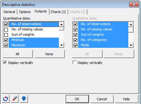 CHARTS(1) TAB The Charts(1) tab specifies chart types for quantitative data including box plots, scatter grams, stem-and-leaf plots, P-P plots, and Q- Q charts.