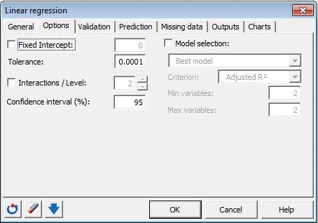 OPTIONS TAB Activate the Fixed Intercept: option to set the regression constant to a fixed value (default 0).The Tolerance: option (default 0.