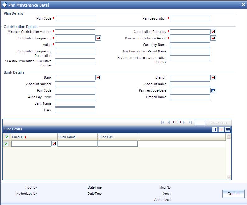 2.4.1 Fields in Savings Plan Maintenance Screen Select 'New' from the Actions menu in the Application tool bar or click new icon to enter the details of the Plan Maintenance screen. 2.4.1.1 Plan Details Section Plan Code 6 Characters Maximum, Alphanumeric, Mandatory Provide a unique identification for the new template you are creating, in this field.